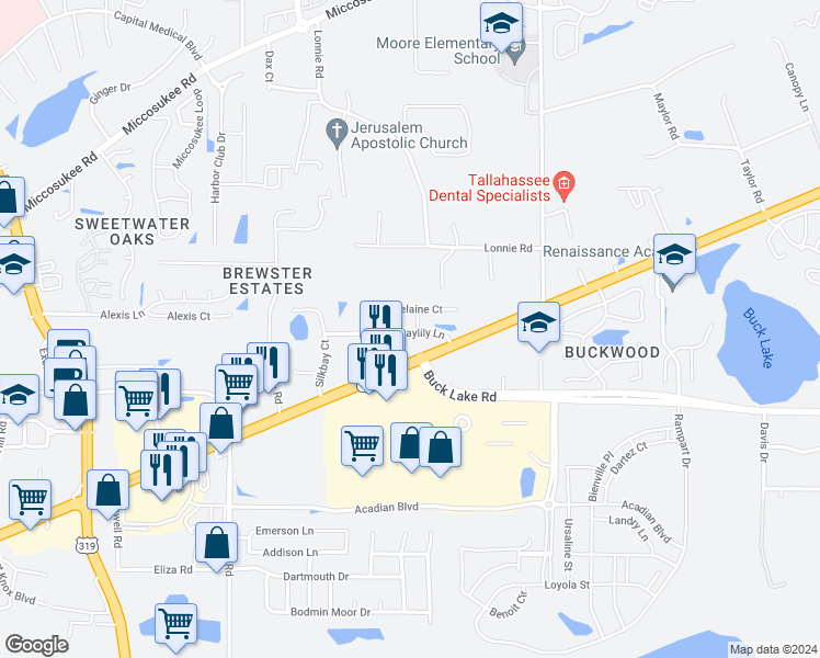 map of restaurants, bars, coffee shops, grocery stores, and more near 4100 Castellan Drive in Tallahassee