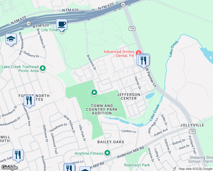 map of restaurants, bars, coffee shops, grocery stores, and more near 1401 Briarwick Drive in Austin
