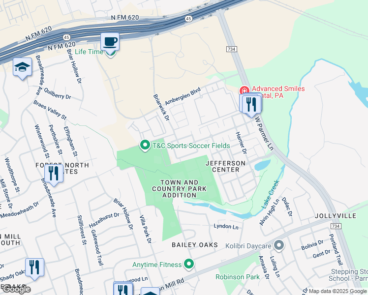 map of restaurants, bars, coffee shops, grocery stores, and more near 1401 Briarwick Drive in Austin