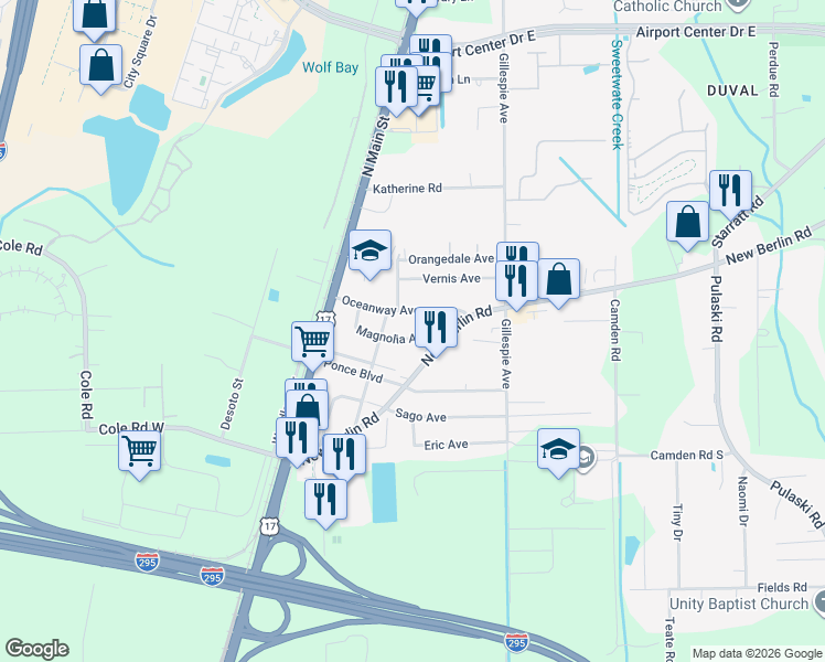 map of restaurants, bars, coffee shops, grocery stores, and more near 117 Magnolia Avenue in Jacksonville