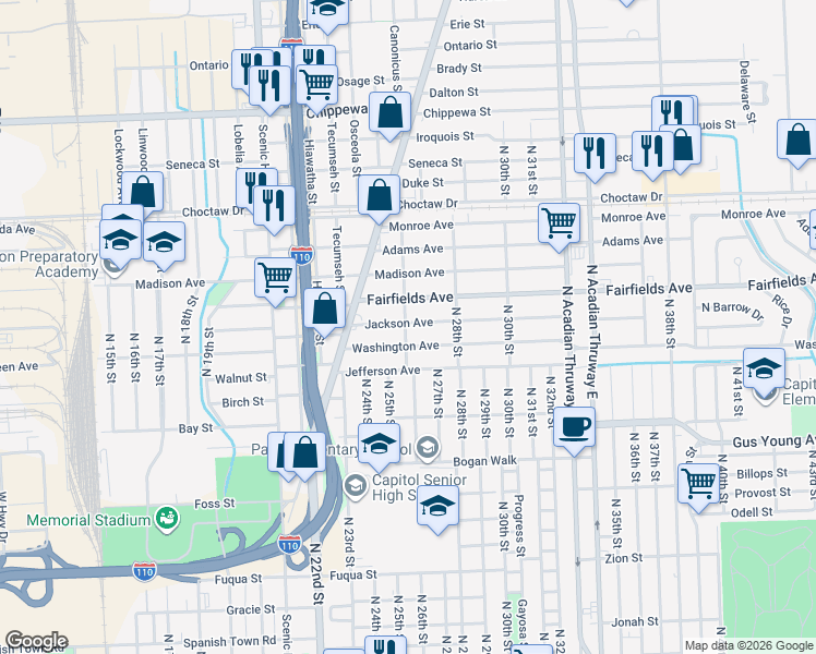 map of restaurants, bars, coffee shops, grocery stores, and more near 2616 Fairfields Avenue in Baton Rouge