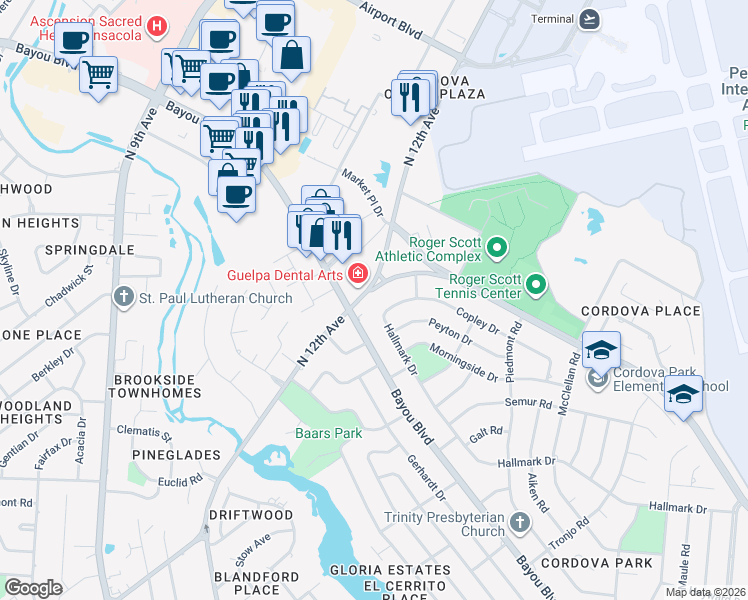 map of restaurants, bars, coffee shops, grocery stores, and more near 4623 North 12th Avenue in Pensacola
