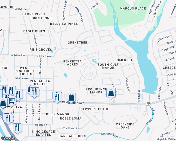 map of restaurants, bars, coffee shops, grocery stores, and more near 2600 West Michigan Avenue in Pensacola