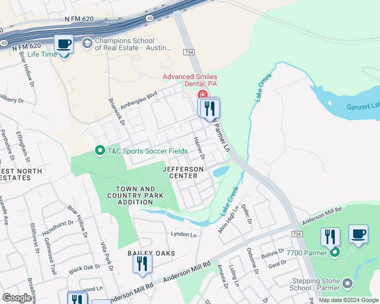 map of restaurants, bars, coffee shops, grocery stores, and more near 13621 Oystercatcher Drive in Austin