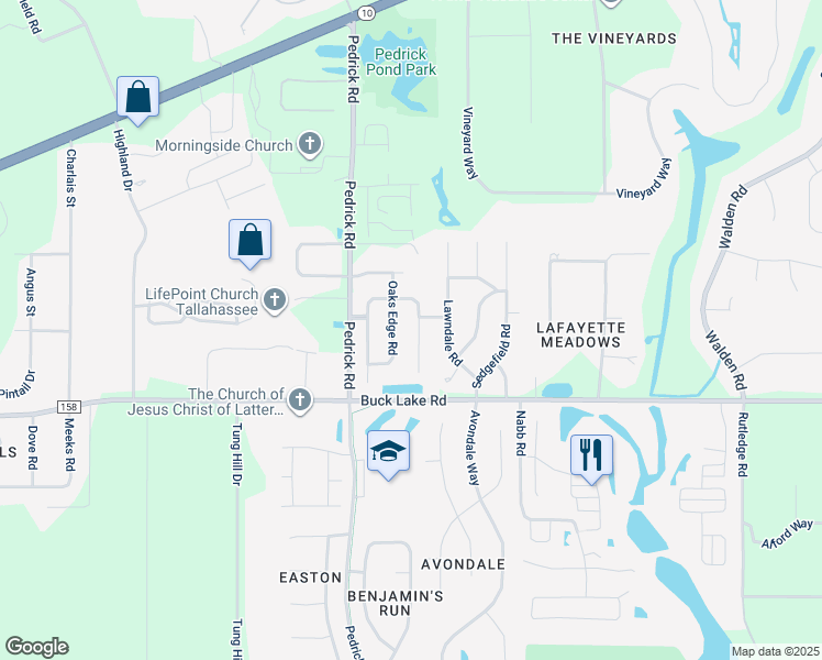 map of restaurants, bars, coffee shops, grocery stores, and more near 1293 Smoke Rise Lane in Tallahassee