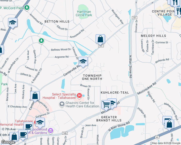 map of restaurants, bars, coffee shops, grocery stores, and more near 1623 Coombs Drive in Tallahassee