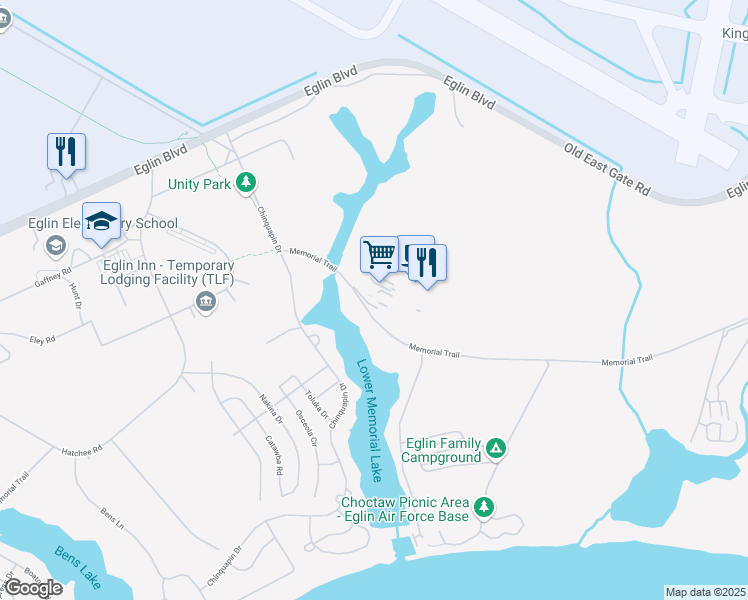 map of restaurants, bars, coffee shops, grocery stores, and more near 1 Memorial Trail in Eglin Air Force Base