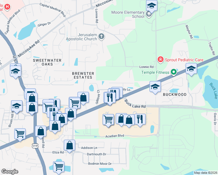 map of restaurants, bars, coffee shops, grocery stores, and more near 3461 Chatelaine Court in Tallahassee