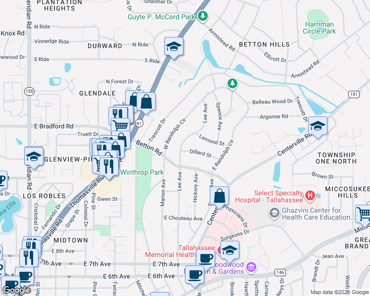 map of restaurants, bars, coffee shops, grocery stores, and more near 2012 Lee Avenue in Tallahassee
