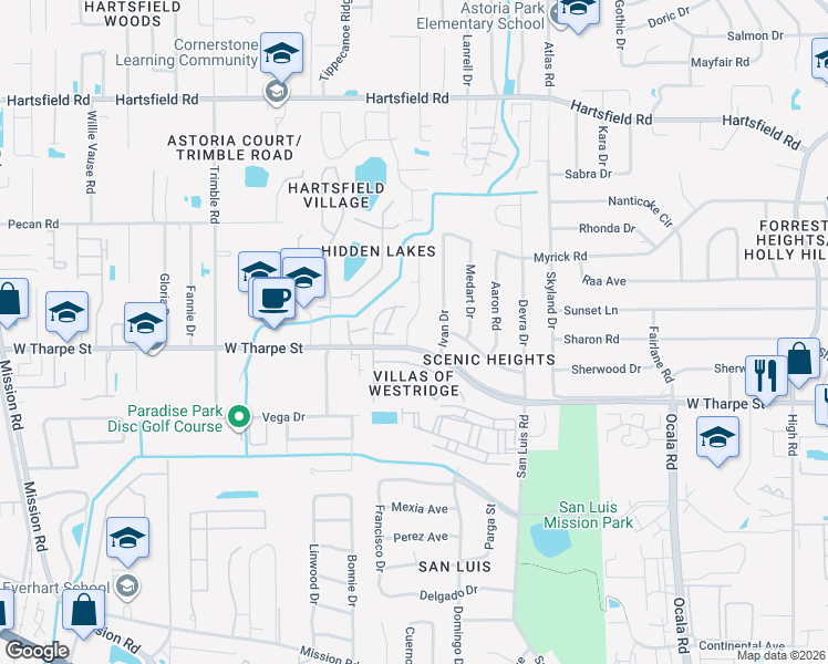 map of restaurants, bars, coffee shops, grocery stores, and more near 1816 Meriadoc Road in Tallahassee