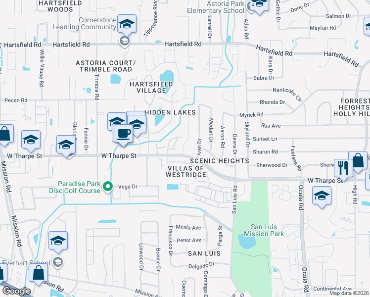 map of restaurants, bars, coffee shops, grocery stores, and more near 1816 Meriadoc Road in Tallahassee