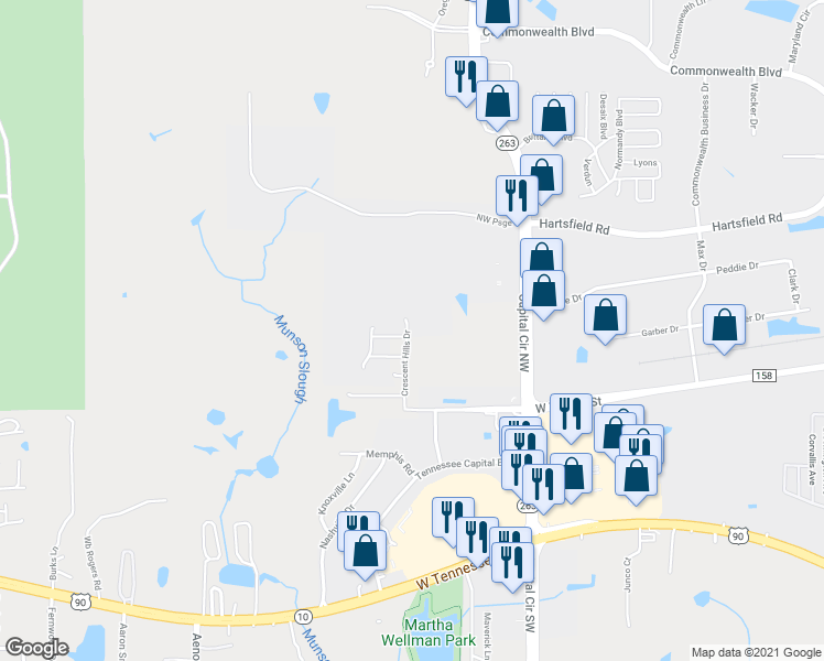 map of restaurants, bars, coffee shops, grocery stores, and more near 1592 Crescent Hills Drive in Tallahassee