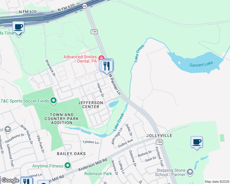 map of restaurants, bars, coffee shops, grocery stores, and more near 8701 West Parmer Lane in Austin