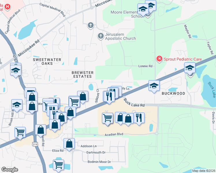 map of restaurants, bars, coffee shops, grocery stores, and more near 3468 Daylily Lane in Tallahassee