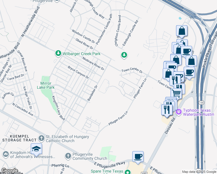 map of restaurants, bars, coffee shops, grocery stores, and more near 1100 Rauscher Drive in Pflugerville