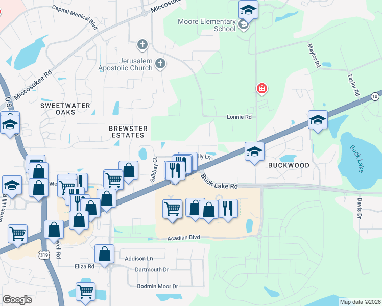 map of restaurants, bars, coffee shops, grocery stores, and more near 3540 Daylily Lane in Tallahassee