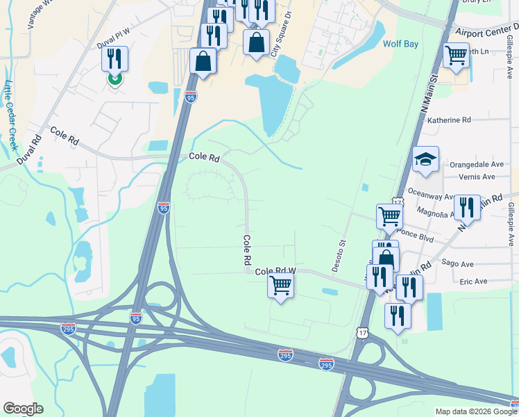 map of restaurants, bars, coffee shops, grocery stores, and more near 865 Cole Road in Jacksonville