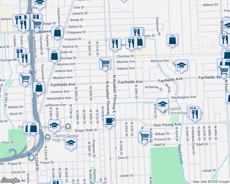 map of restaurants, bars, coffee shops, grocery stores, and more near 3413 Jackson Avenue in Baton Rouge