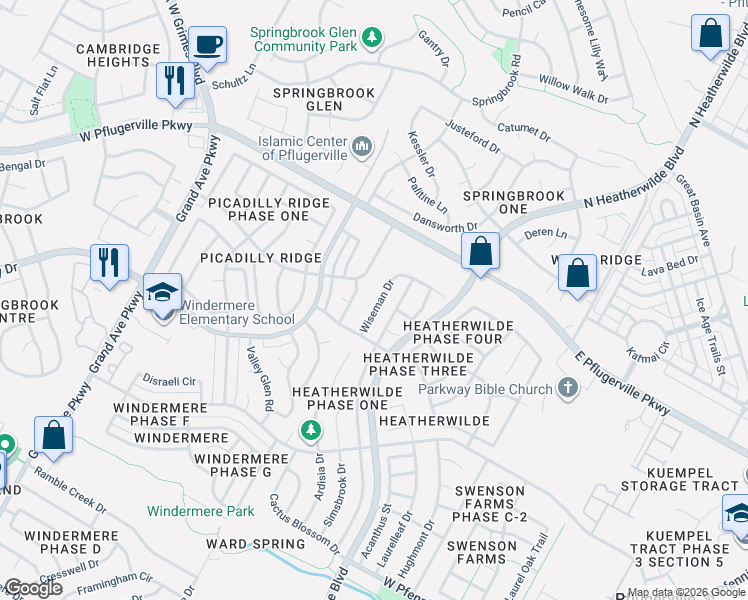 map of restaurants, bars, coffee shops, grocery stores, and more near 17445 Dornach Drive in Pflugerville