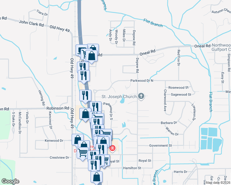 map of restaurants, bars, coffee shops, grocery stores, and more near 12398 Fernwood Cove in Gulfport