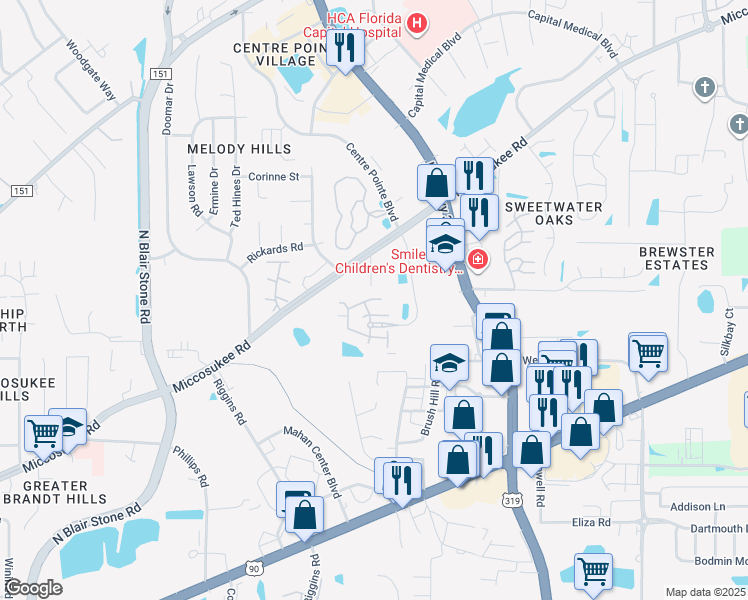 map of restaurants, bars, coffee shops, grocery stores, and more near 1806 Ashley Hall Way in Tallahassee
