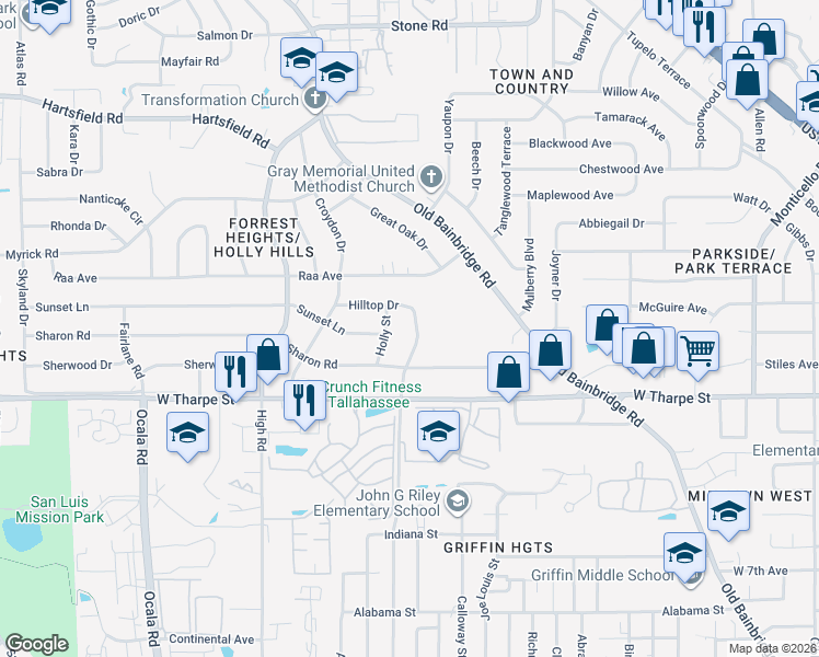 map of restaurants, bars, coffee shops, grocery stores, and more near 2006 Rosedale Drive in Tallahassee