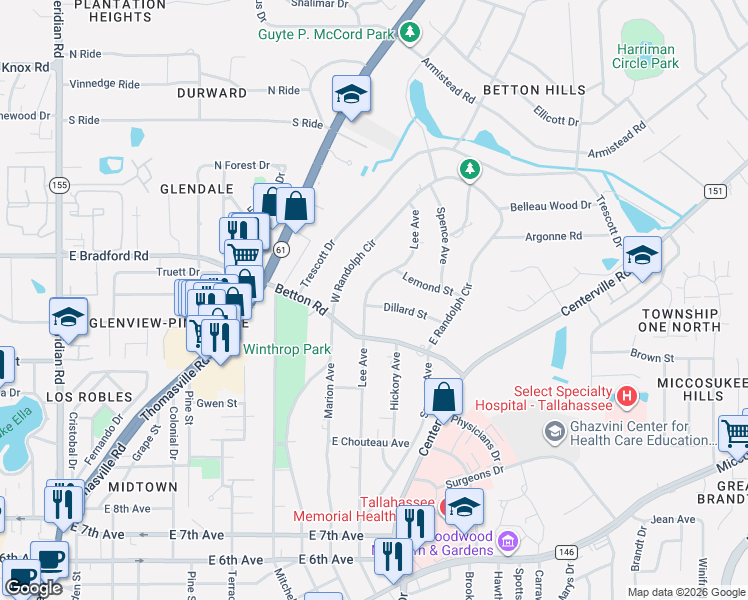 map of restaurants, bars, coffee shops, grocery stores, and more near 2012 Lee Avenue in Tallahassee