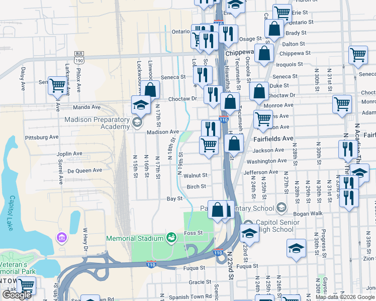 map of restaurants, bars, coffee shops, grocery stores, and more near 1902 Hemlock Street in Baton Rouge