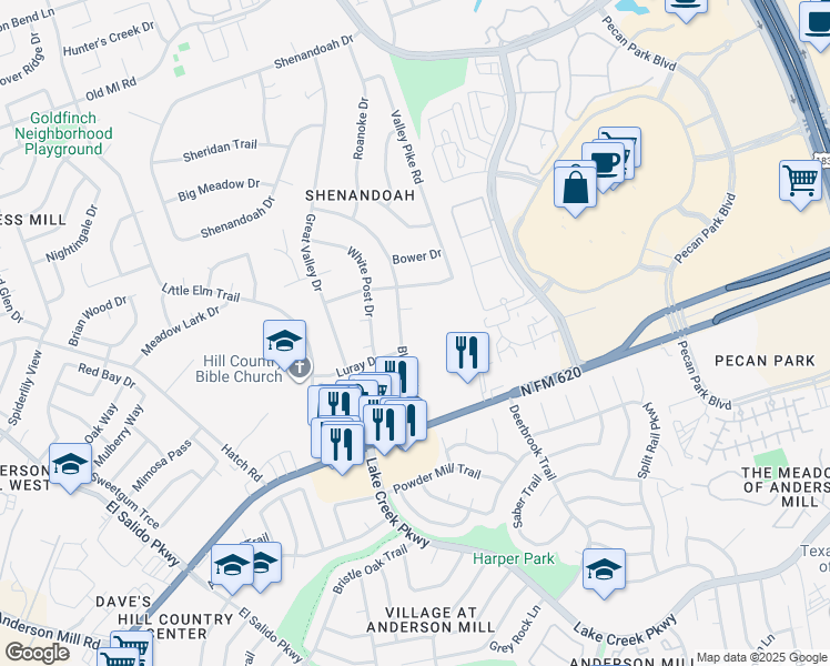 map of restaurants, bars, coffee shops, grocery stores, and more near 3003 Blue Ridge Drive in Cedar Park