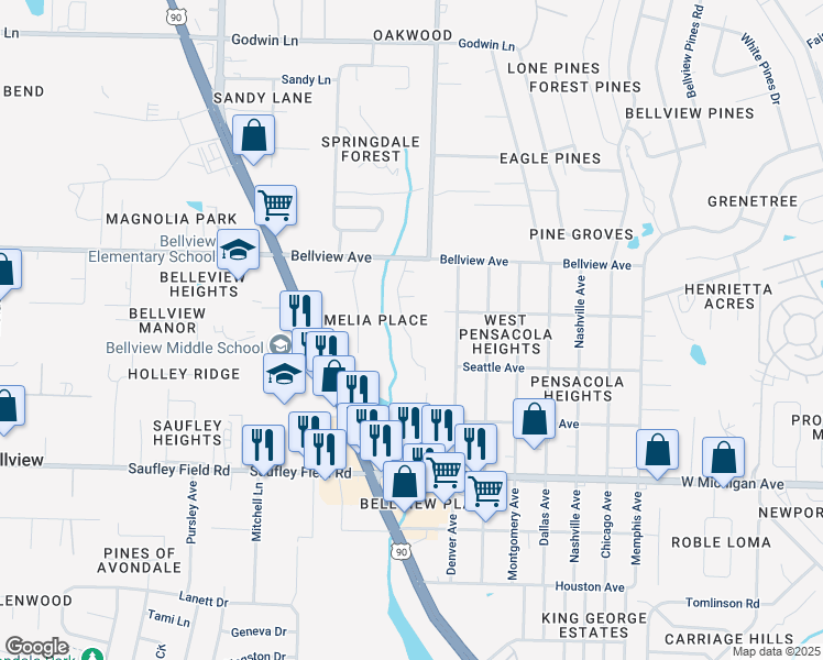 map of restaurants, bars, coffee shops, grocery stores, and more near 3009 Abel Court in Pensacola