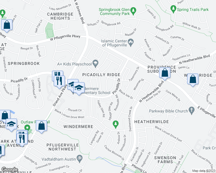 map of restaurants, bars, coffee shops, grocery stores, and more near 17311 Manish Drive in Pflugerville