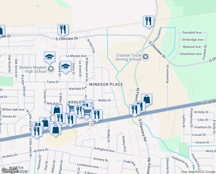 map of restaurants, bars, coffee shops, grocery stores, and more near 12854 Warfield Avenue in Baton Rouge