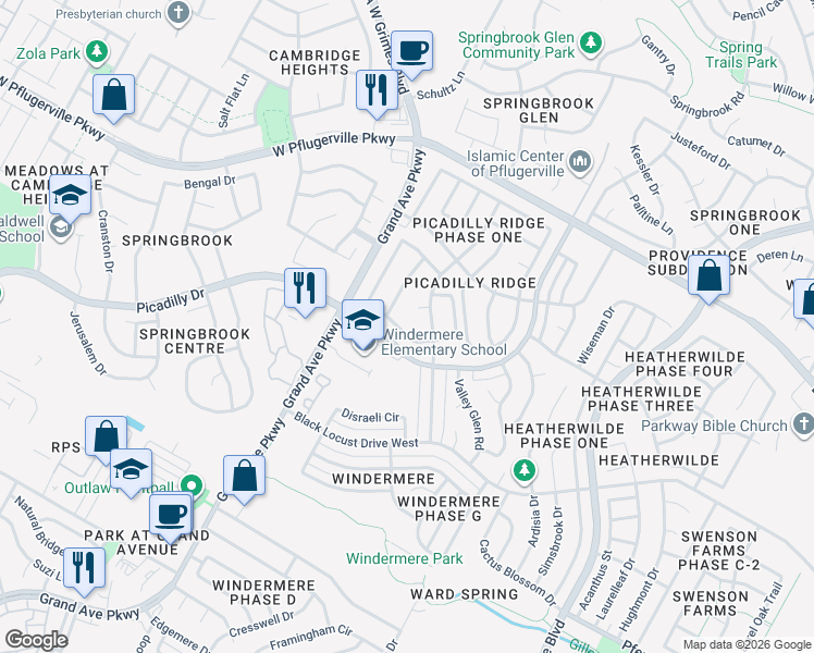 map of restaurants, bars, coffee shops, grocery stores, and more near 17320 Bishopsgate Drive in Pflugerville