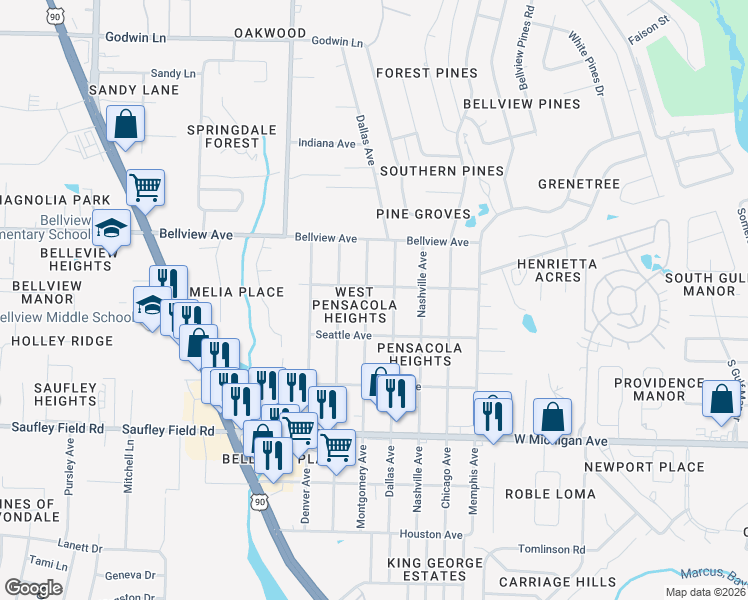 map of restaurants, bars, coffee shops, grocery stores, and more near 6301 Montgomery Avenue in Pensacola