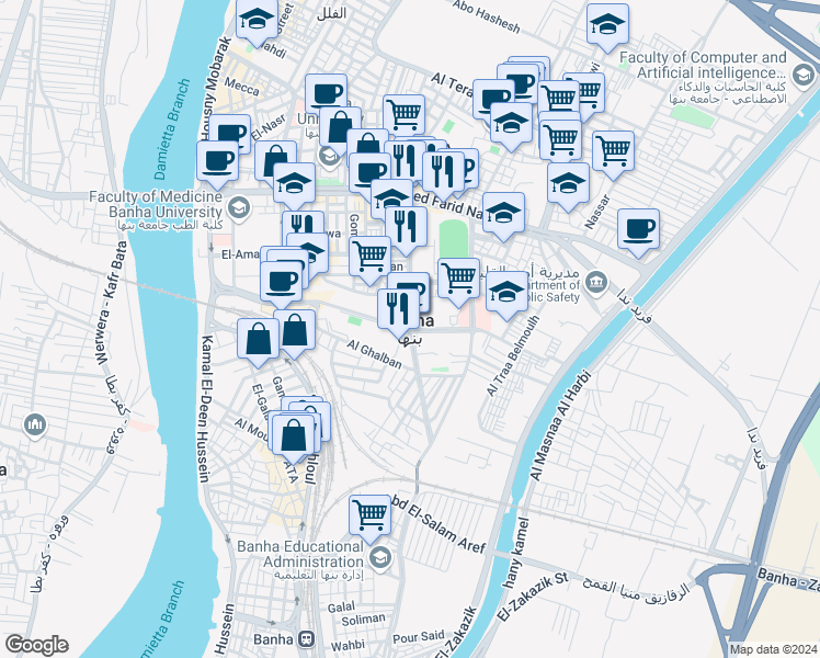 map of restaurants, bars, coffee shops, grocery stores, and more near in Banha