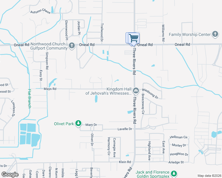 map of restaurants, bars, coffee shops, grocery stores, and more near 14157 Mays Road in Gulfport