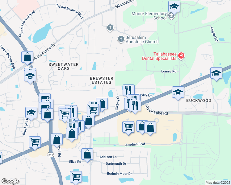 map of restaurants, bars, coffee shops, grocery stores, and more near 4151 Silkbay Court in Tallahassee