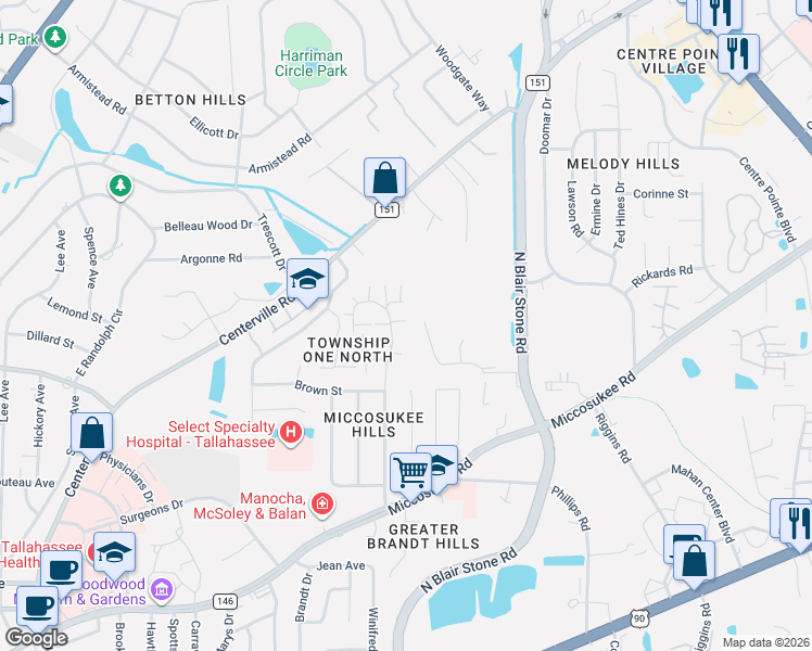 map of restaurants, bars, coffee shops, grocery stores, and more near 15768 Coombs Drive in Tallahassee