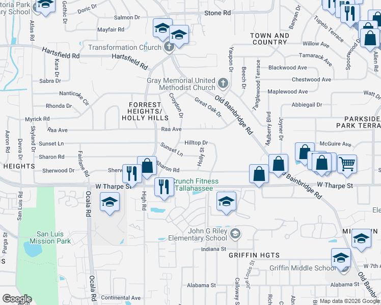 map of restaurants, bars, coffee shops, grocery stores, and more near 1501 Hilltop Drive in Tallahassee