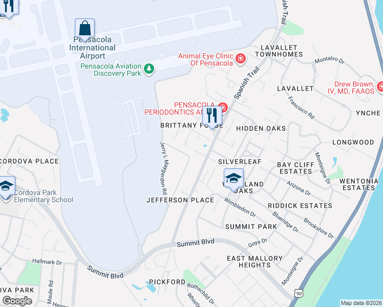 map of restaurants, bars, coffee shops, grocery stores, and more near 4101 Brittany Court in Pensacola