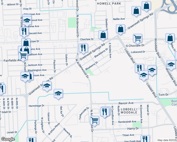 map of restaurants, bars, coffee shops, grocery stores, and more near 1870 North Ardenwood Drive in Baton Rouge