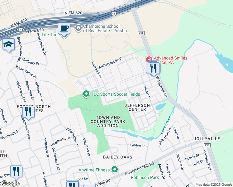 map of restaurants, bars, coffee shops, grocery stores, and more near 1401 Briarwick Drive in Austin