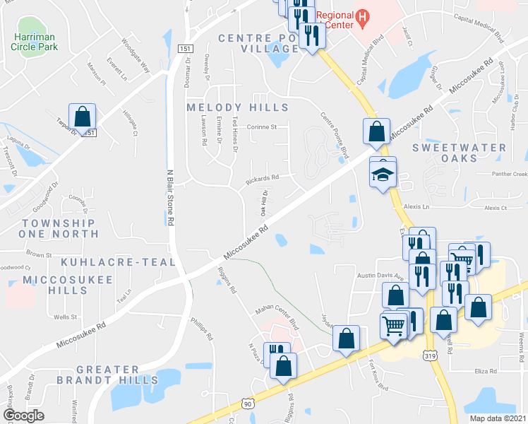 map of restaurants, bars, coffee shops, grocery stores, and more near 2600 Miccosukee Road in Tallahassee