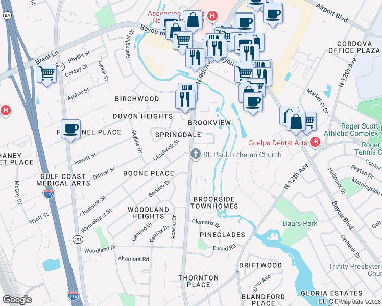 map of restaurants, bars, coffee shops, grocery stores, and more near 4701 North 9th Avenue in Pensacola