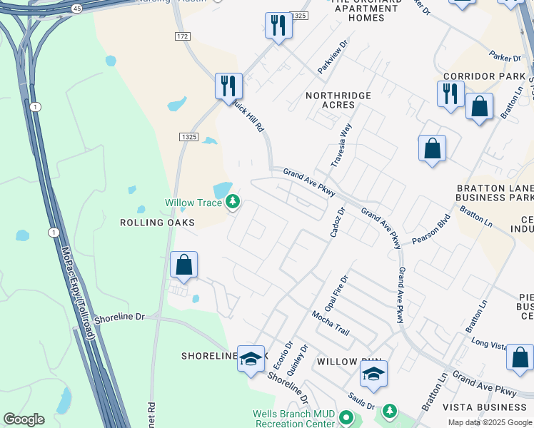 map of restaurants, bars, coffee shops, grocery stores, and more near 533 Ayinger Lane in Austin