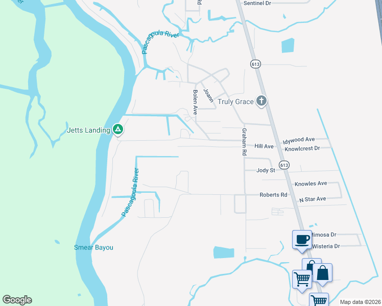 map of restaurants, bars, coffee shops, grocery stores, and more near 3408-3508 Yucca Avenue in Moss Point