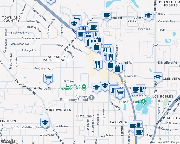 map of restaurants, bars, coffee shops, grocery stores, and more near 621 Voncile Avenue in Tallahassee