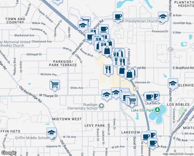 map of restaurants, bars, coffee shops, grocery stores, and more near 621 Voncile Avenue in Tallahassee