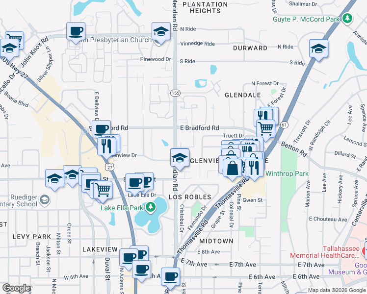 map of restaurants, bars, coffee shops, grocery stores, and more near 1932 Temple Drive in Tallahassee