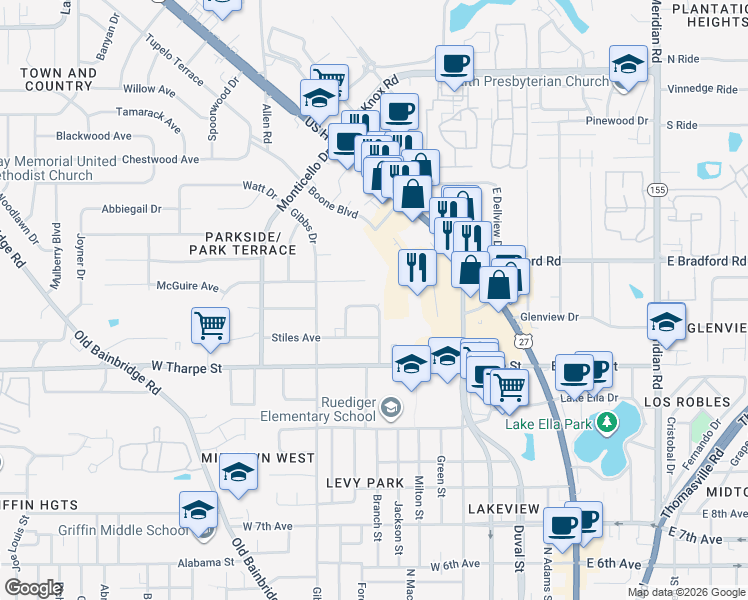 map of restaurants, bars, coffee shops, grocery stores, and more near 621 Voncile Avenue in Tallahassee